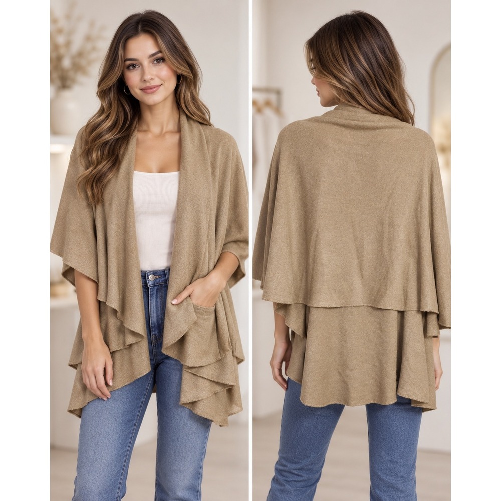 Look By M Shawl Vest Taupe Hooded Wrap Multi Way Lagenlook OS Boho Capsule NWT